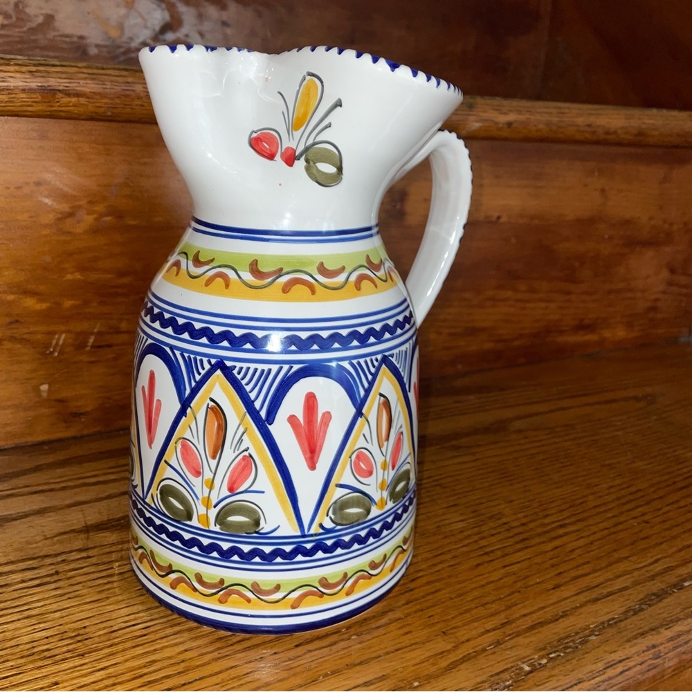 Hand painted art pottery pitcher signed, numbered, from Spain Ceramica De La Cal